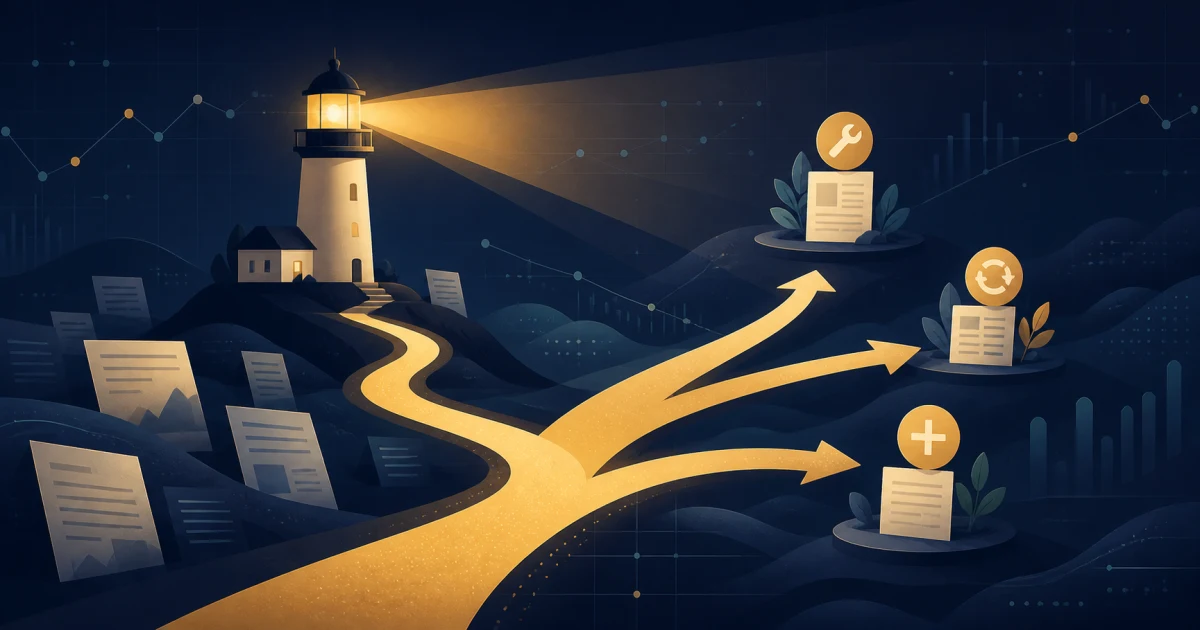 A lighthouse guiding pages toward repair, refresh, and create content actions